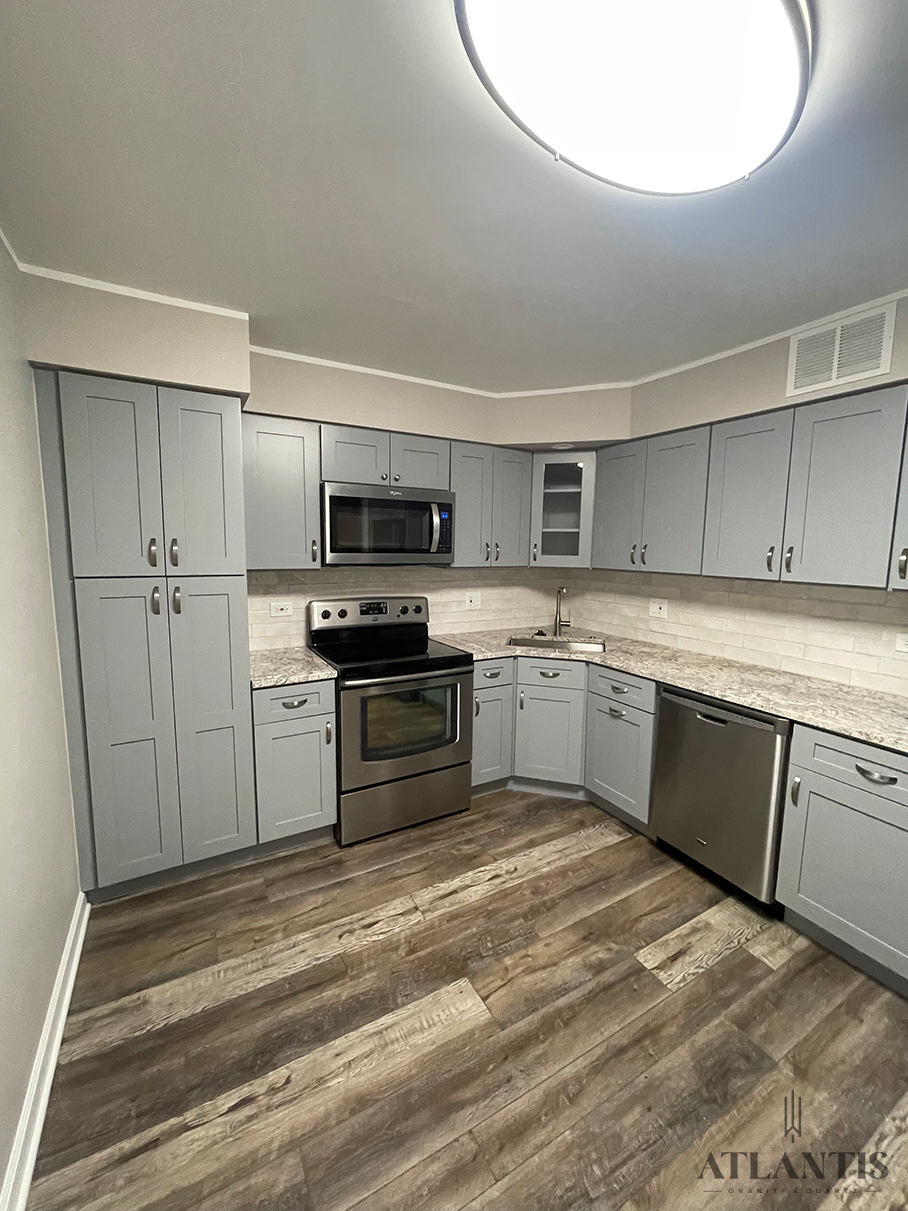 Daltile White Spring Granite Countertop in Arlington Heights kitchen remodel