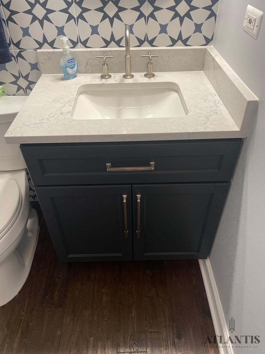 Daltile Avenue White Quartz Countertop in Arlington Heights, IL bathroom remodel