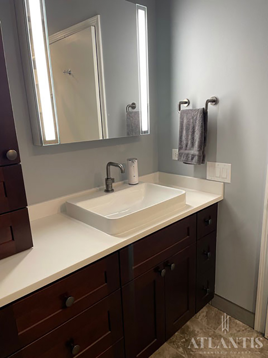 Daltile NQ30 Morning Frost Quartz Countertop in Buffalo Grove, IL bathroom remodel