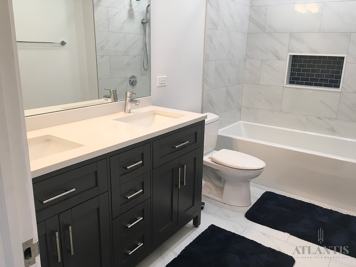 Costco White Quartz Countertop in Chicago, IL bathroom remodel