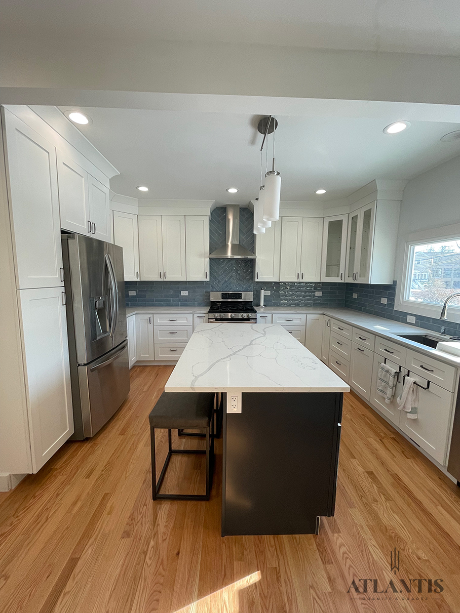 Daltile NQ12 Statuary Quartz Countertop Evanston, IL kitchen remodel