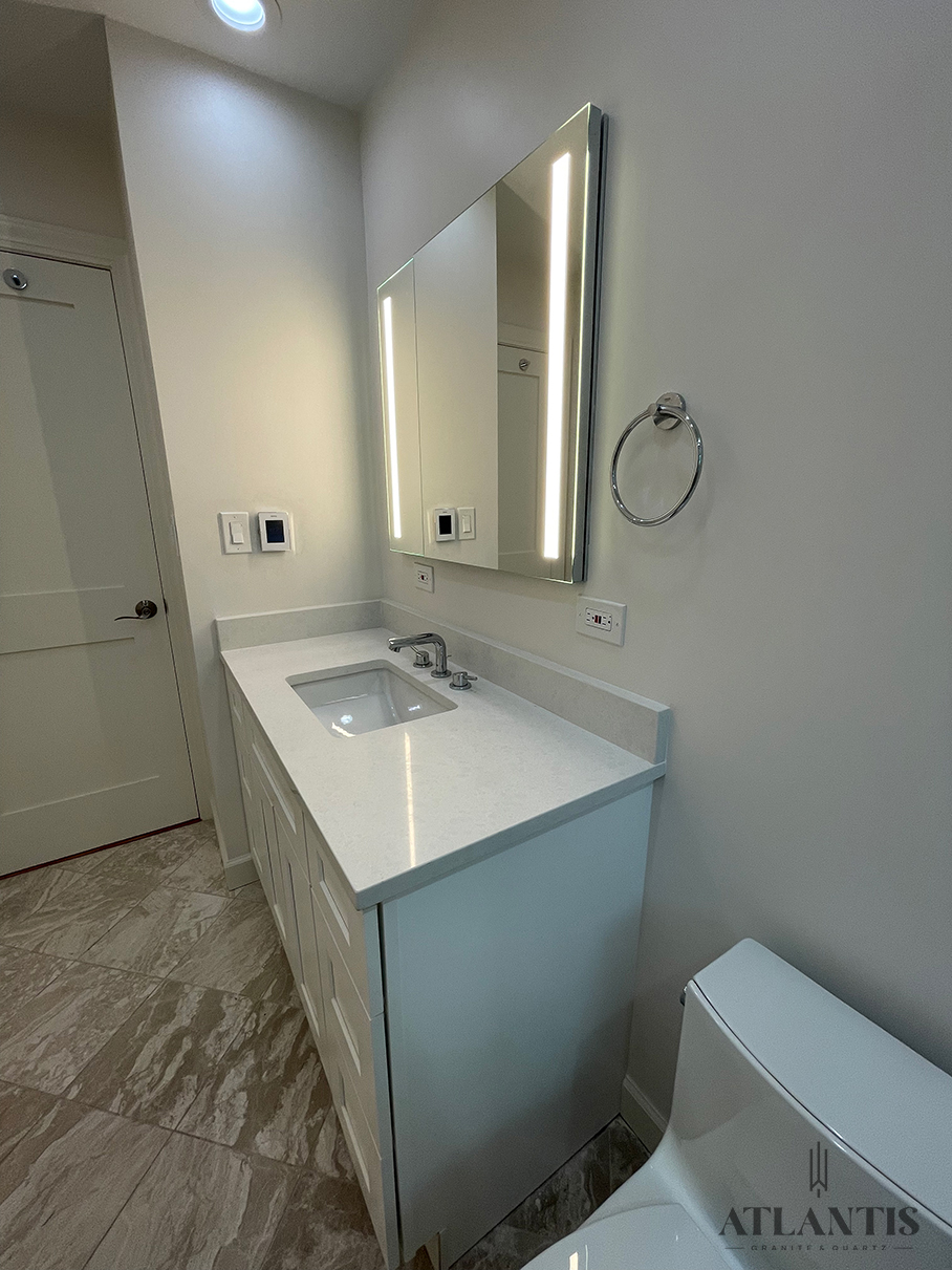 Daltile NQ97 White Sand Quartz Countertop in Morton Grove, IL bathroom remodel