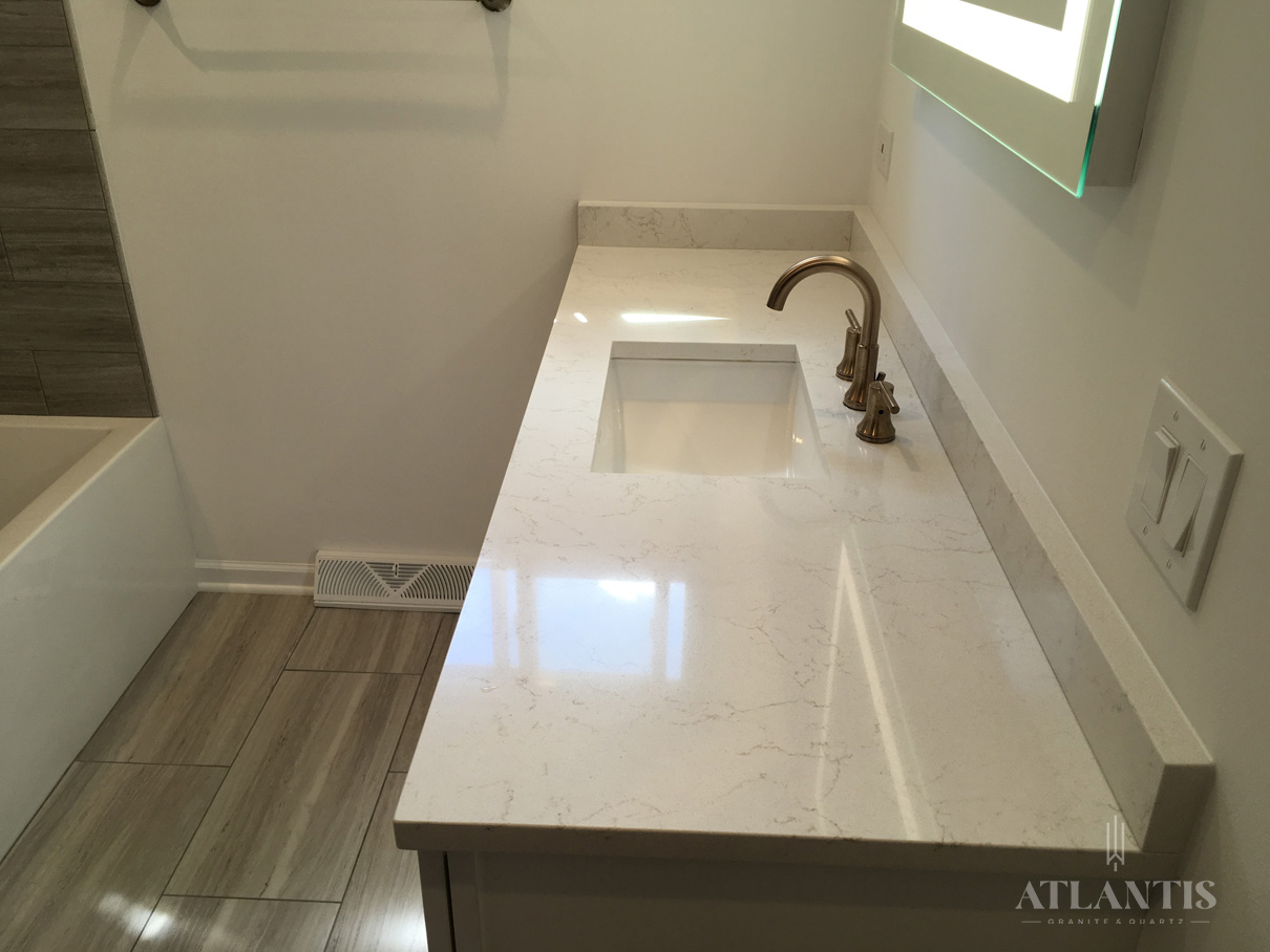Daltile OQ04 Barclay Tan Velvet Quartz Countertop in Mt Prospect, IL bathroom remodel