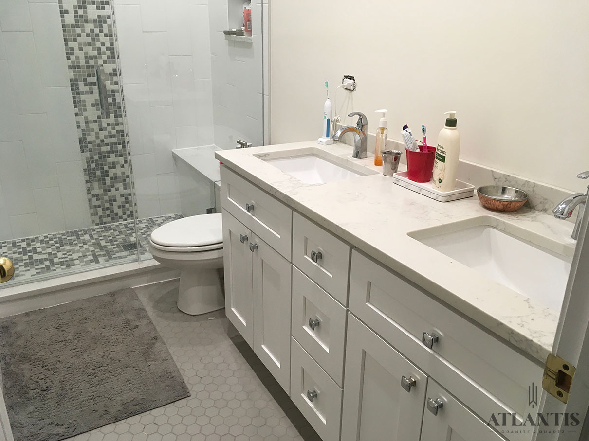 Daltile OQ11 Calacatta Lyra Quartz Countertop in Buffalo Grove, IL bathroom remodel