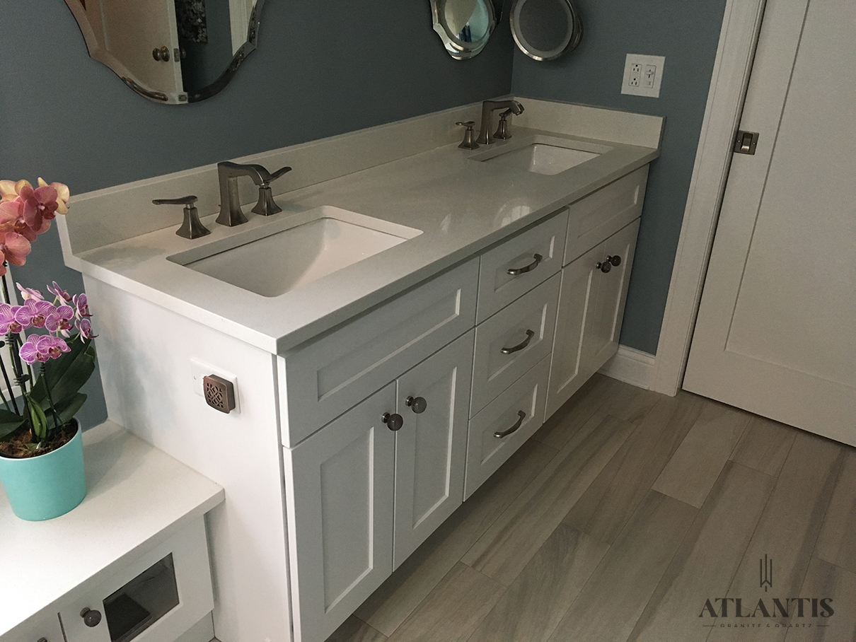 Daltile White Ice Quartz Countertop in Highland Park, IL bathroom remodel