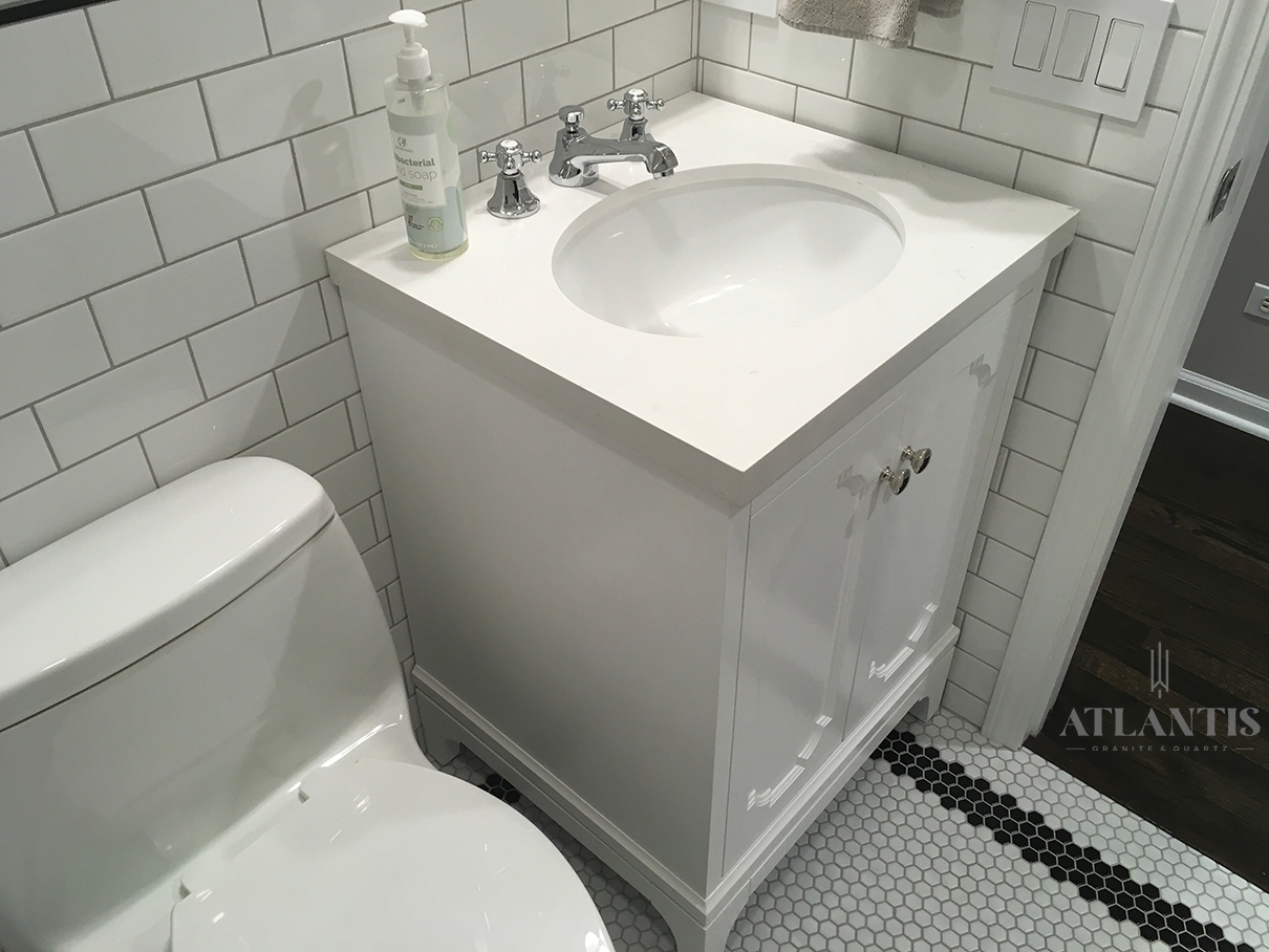 Daltile White Quartz Countertop hall bath in Chicago, IL bathroom remodel